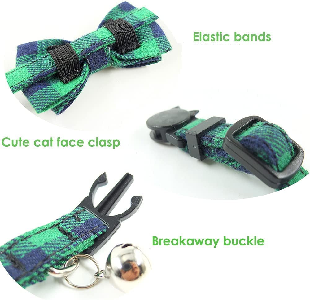 Cat Collar Breakaway with Bell and Bow Tie, Plaid Design Adjustable Safety Kitty Kitten Collars Set of 2 PCS (6.8-10.8In) (Green&Orange Plaid)