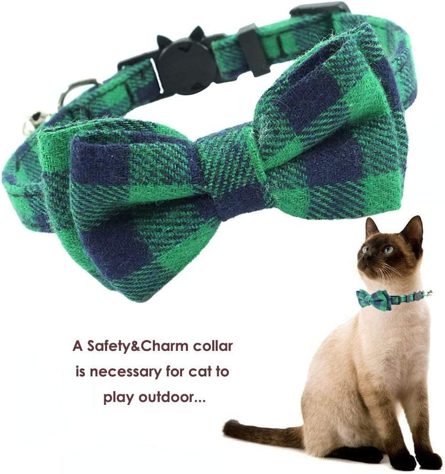 Cat Collar Breakaway with Bell and Bow Tie, Plaid Design Adjustable Safety Kitty Kitten Collars Set of 2 PCS (6.8-10.8In) (Green&Orange Plaid)